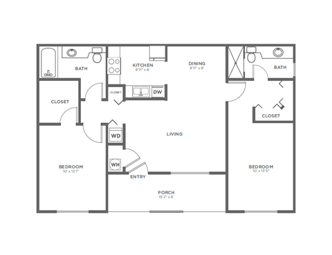 Floor plan for 2 beds, 1.8 baths, 932 sqft